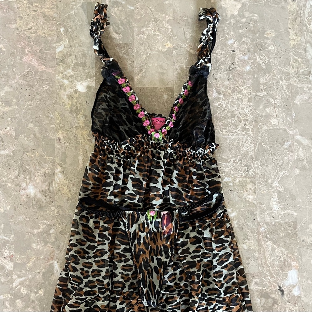Vintage Betsey Johnson Intimates Leopard Print Slip and Thong Size M